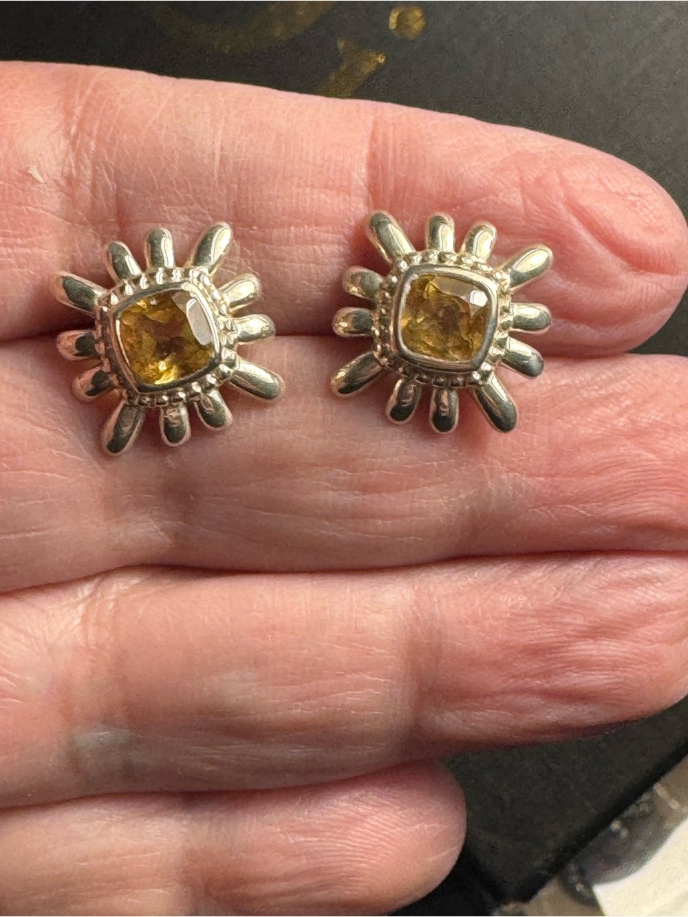 Silver Sunburst Stud Earrings with Natural Citrine Stone - Women Jewelry